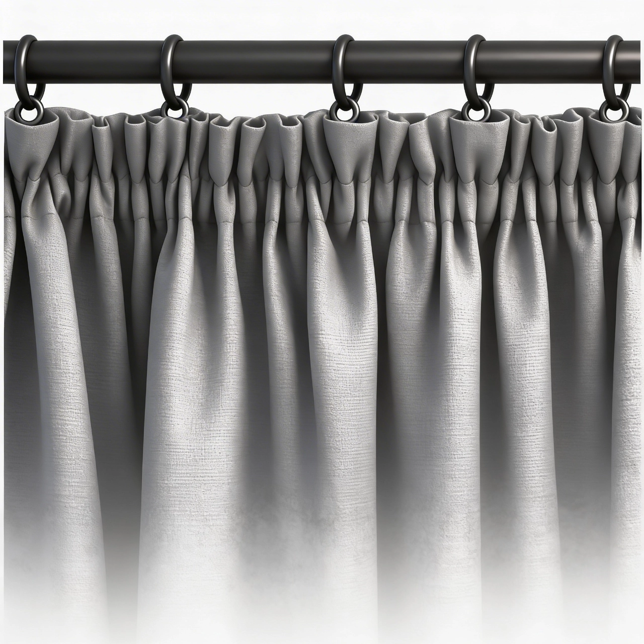 Cortina con confección fruncida para gancho instalada sobre un cortinero tubular con argollas