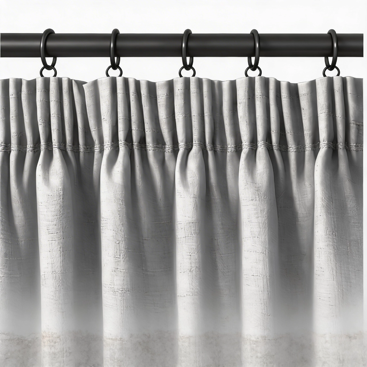 Cortina con Pencil pleat o plisado tipo lápiz instalada sobre un cortinero tubular con argollas